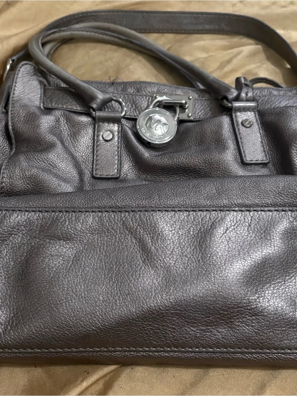 Michael Kors Metallic Charcoal Hamilton Leather Shoulder Bag with Chain Accents